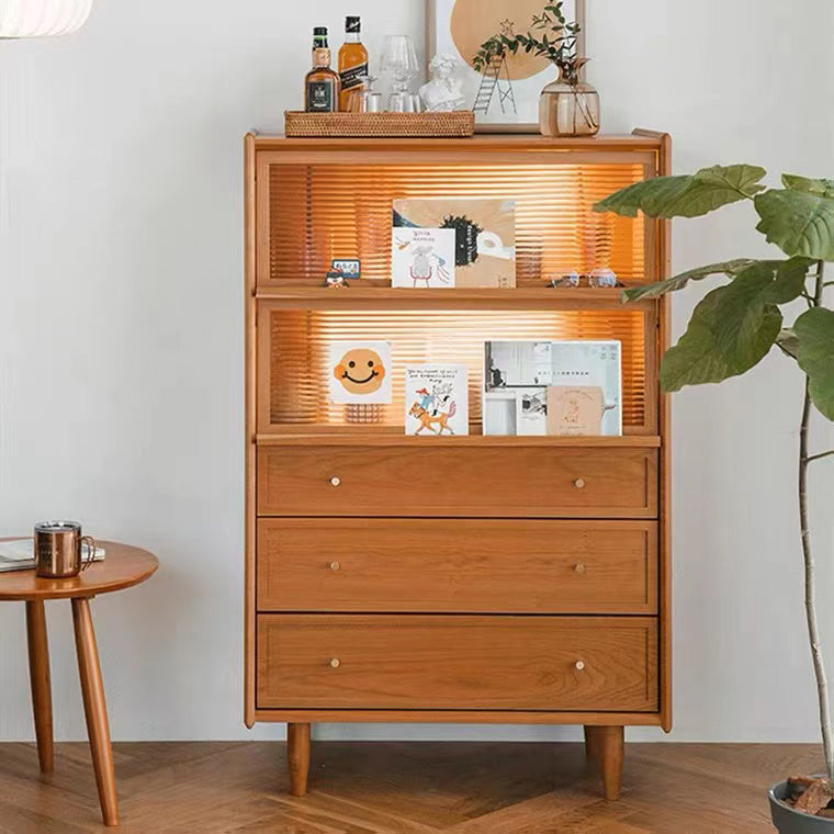 3 - Drawer & 2- Door Chest Solid Wood Glass Paned Accent Cabinet - 49.6" Tall