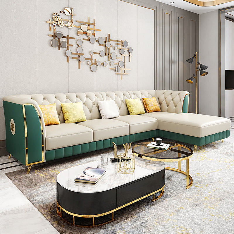 Genuine Leather Luxurious Sectional Tufted Back Sofa & Chaise with 5 Pillows