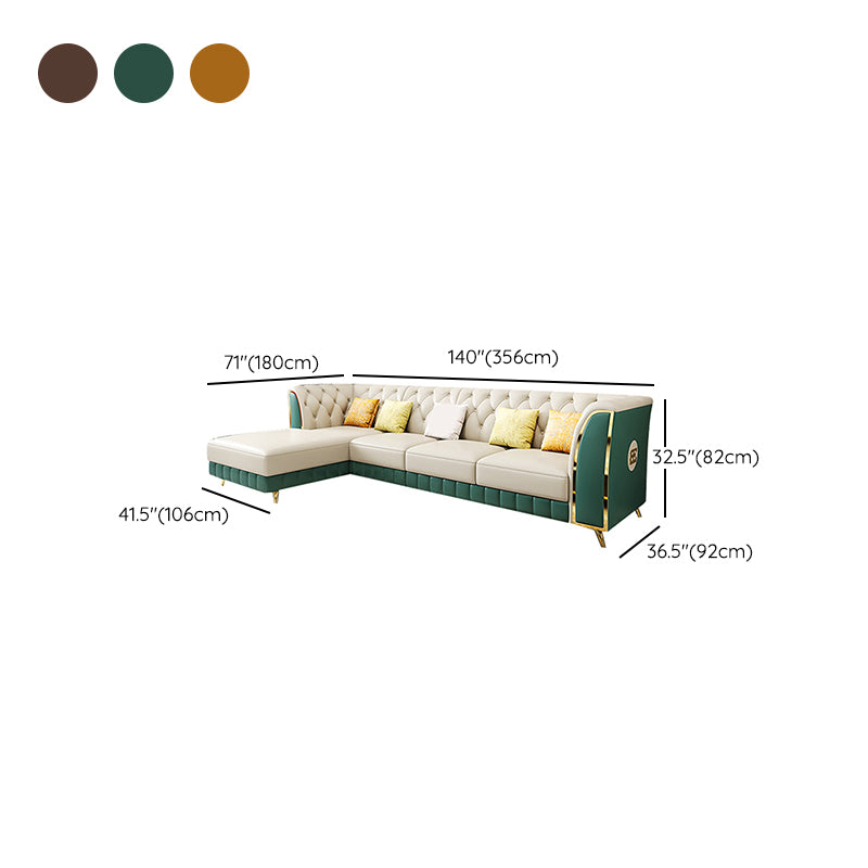 Genuine Leather Luxurious Sectional Tufted Back Sofa & Chaise with 5 Pillows
