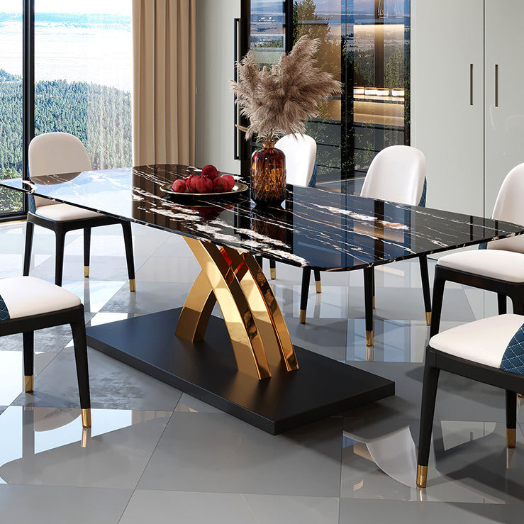 Glam Style Sintered Stone Table Rectangle Table with Metal Legs for Kitchen