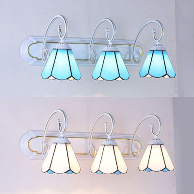 3 Heads Wall Mount Light Tiffany Cone White/Blue Glass Vanity Sconce Light for Bathroom