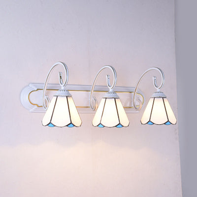 3 Heads Wall Mount Light Tiffany Cone White/Blue Glass Vanity Sconce Light for Bathroom