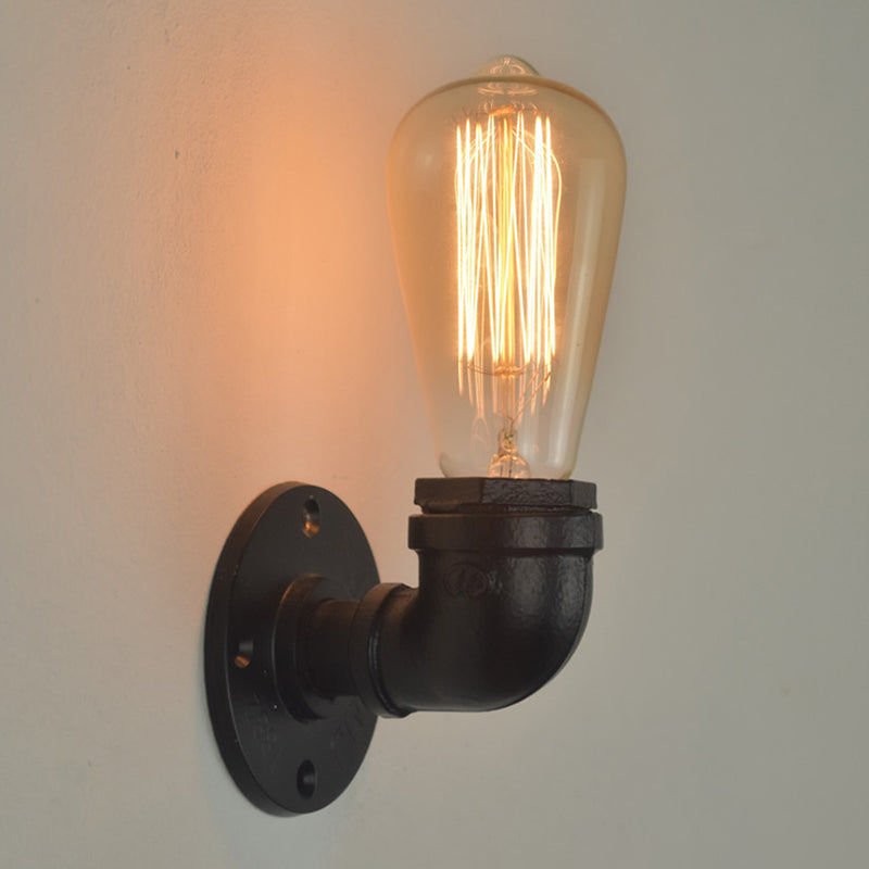 Industrial Style Pipe Shape Wall Sconce Metal 1 Light Sconces in Black for Bedroom