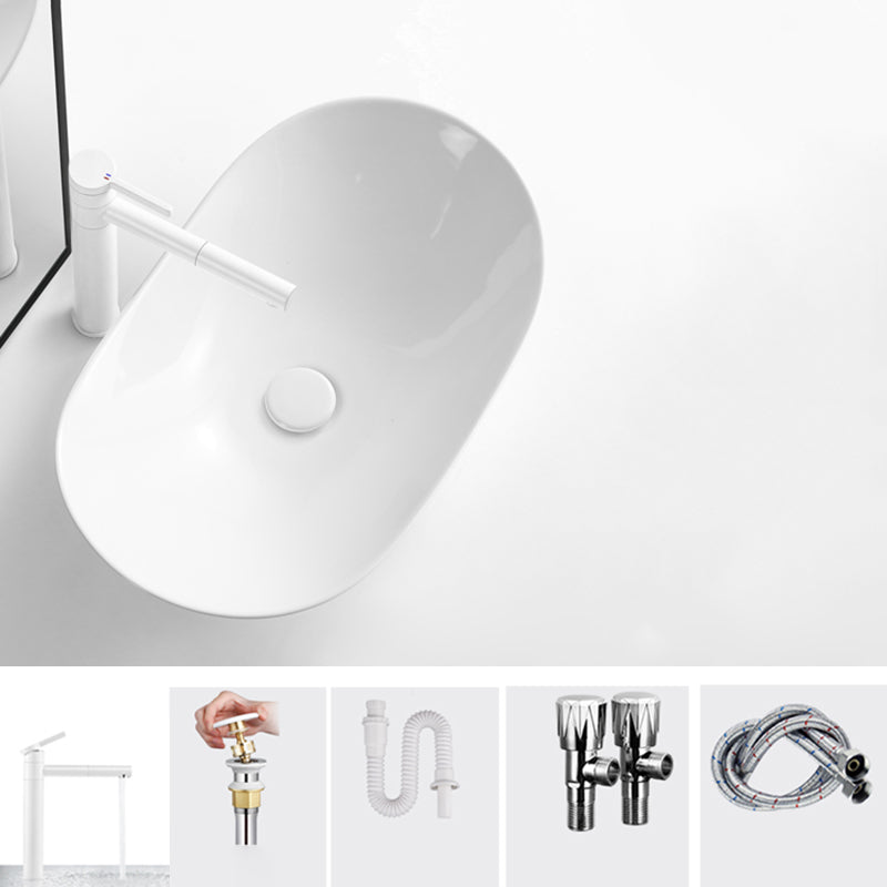 Modern Bathroom Sink Pop-Up Drain Porcelain Oval-Shape Vessel Bathroom Sink