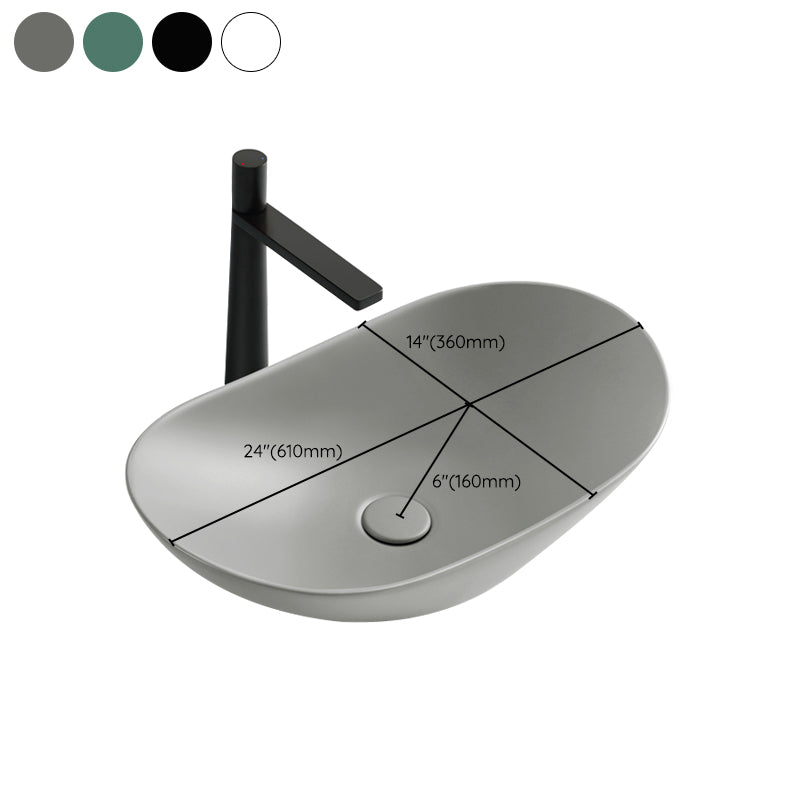 Modern Bathroom Sink Pop-Up Drain Porcelain Oval-Shape Vessel Bathroom Sink