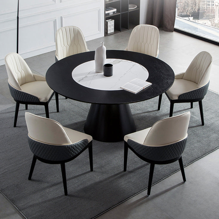 Solid Wood Table Set 1/4/5/7 Pcs Black Pedestal Dining Table with Upholstered Chair