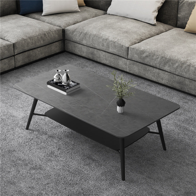 Cross Legs Rectangular Slate Coffee Cocktail Table in Gray with Shelf