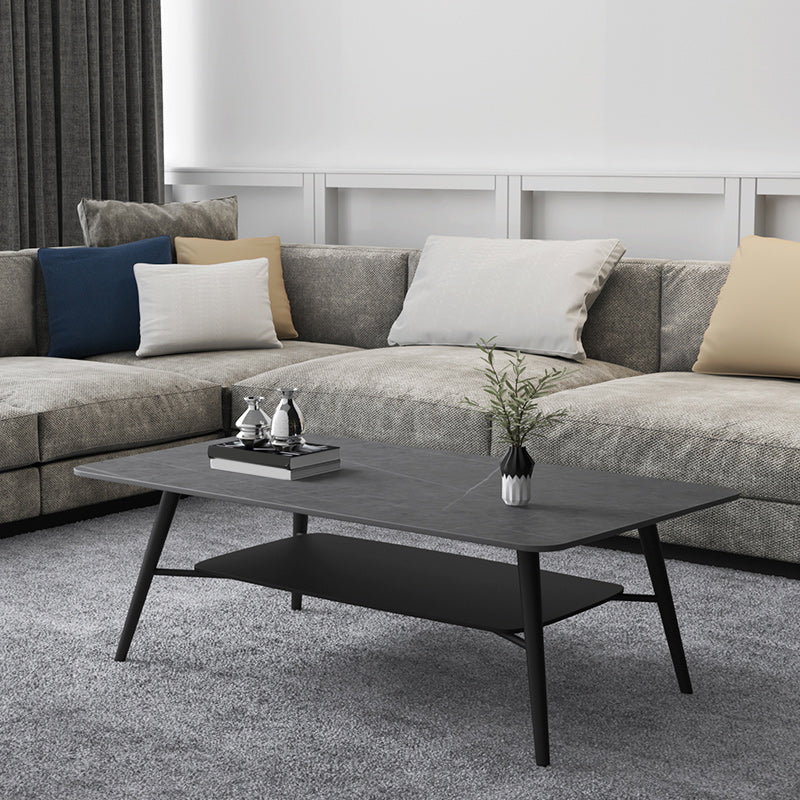 Cross Legs Rectangular Slate Coffee Cocktail Table in Gray with Shelf