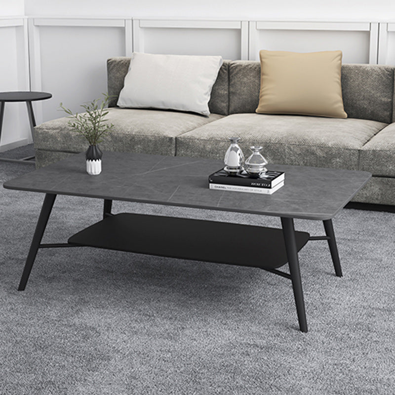 Cross Legs Rectangular Slate Coffee Cocktail Table in Gray with Shelf