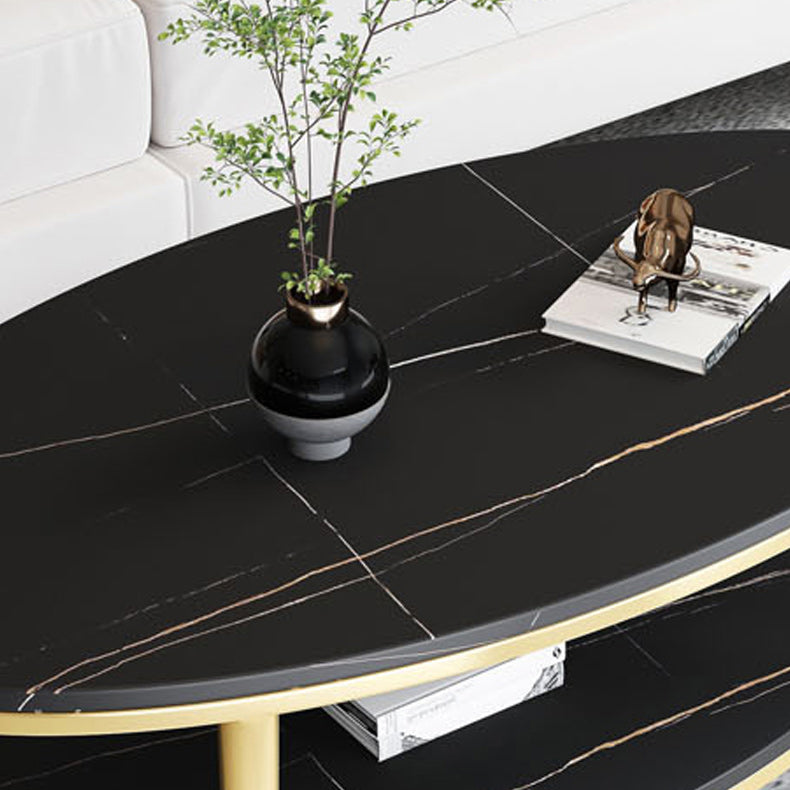 Glam Iron 4 Legs Cocktail Table with Shelf Oval Slate Top Coffee Table