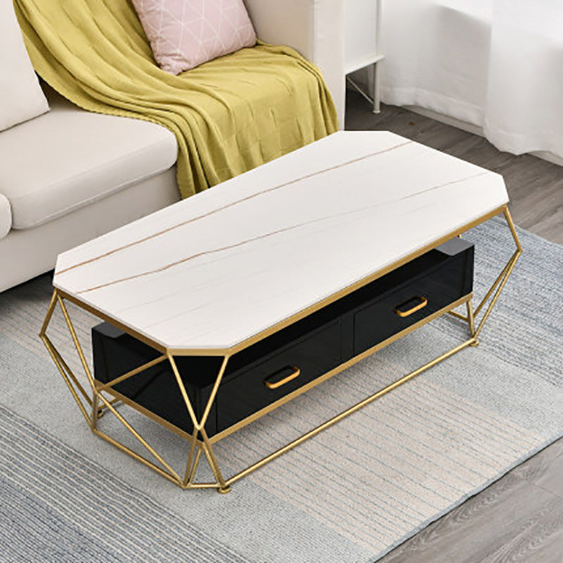 Slate Rectangular Coffee Table Golden Frame Abstract Cocktail Table with Drawer