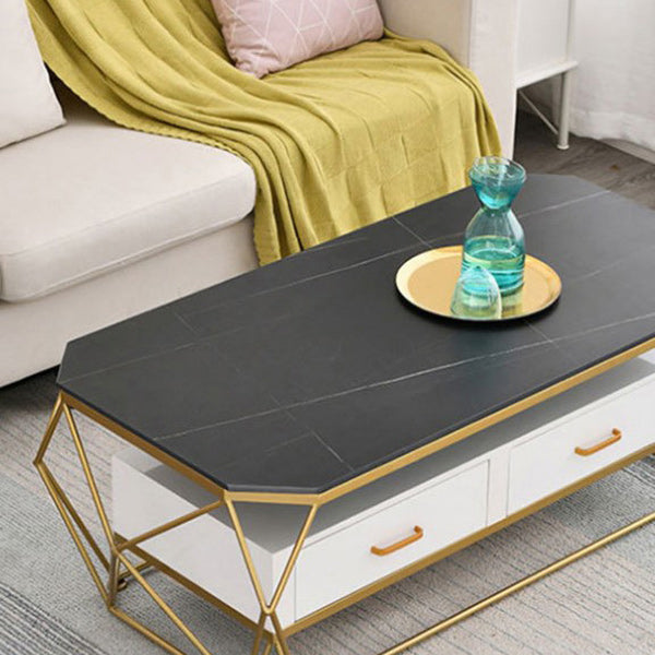 Slate Rectangular Coffee Table Golden Frame Abstract Cocktail Table with Drawer