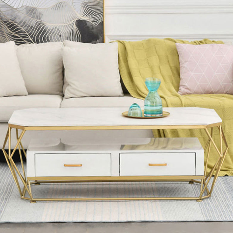 Slate Rectangular Coffee Table Golden Frame Abstract Cocktail Table with Drawer