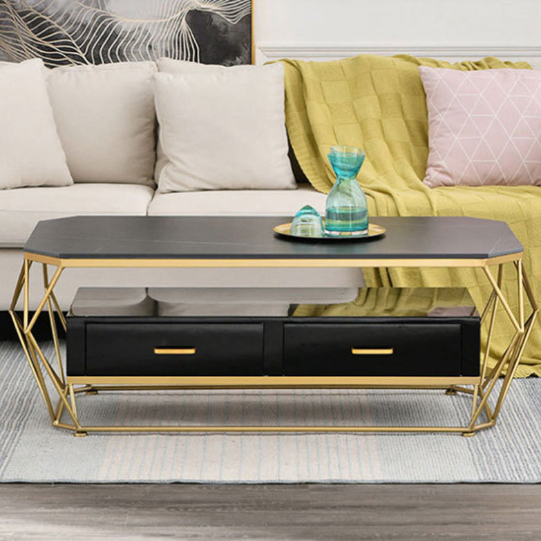 Slate Rectangular Coffee Table Golden Frame Abstract Cocktail Table with Drawer