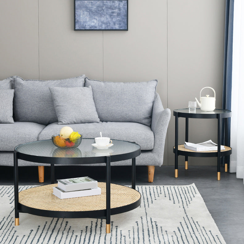 Modern Clear Glass Coffee Table with Storage Round 4 Legs Cocktail Table Set