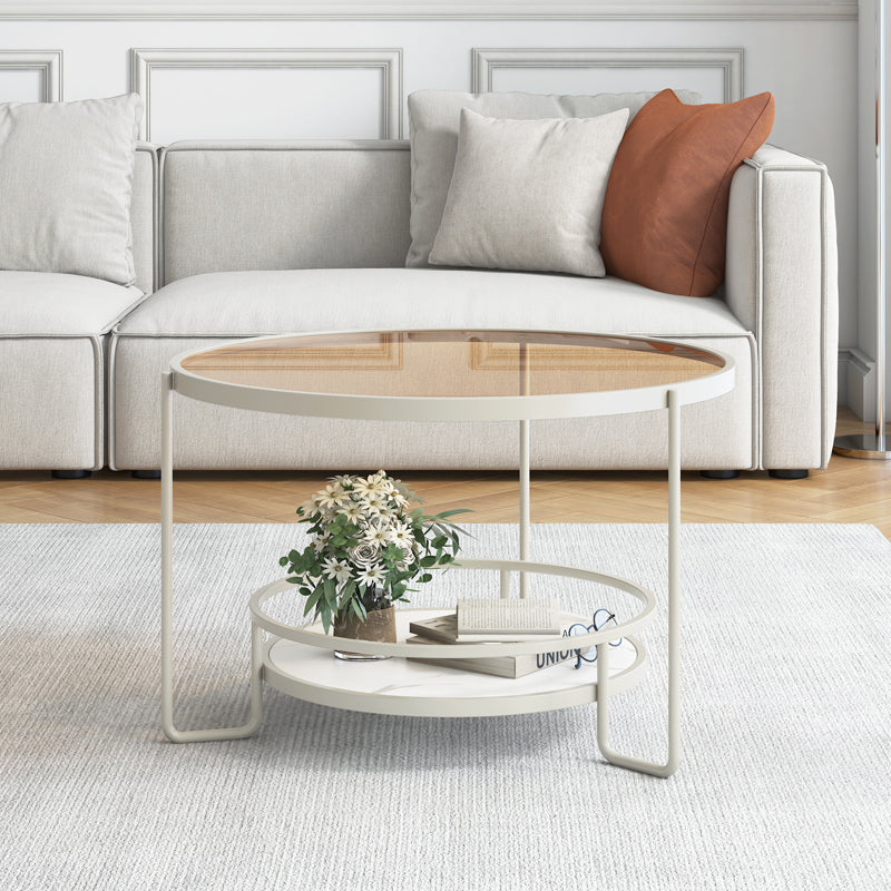 17.7" H Round Glass Coffee Table Iron 3 Legs Cocktail Table with Slate Shelf