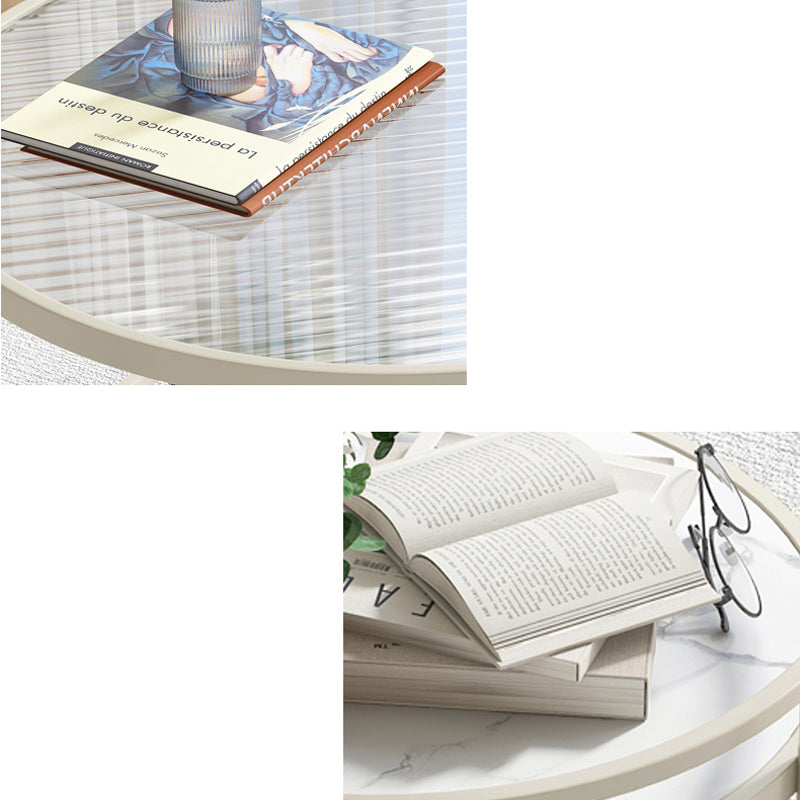 17.7" H Round Glass Coffee Table Iron 3 Legs Cocktail Table with Slate Shelf