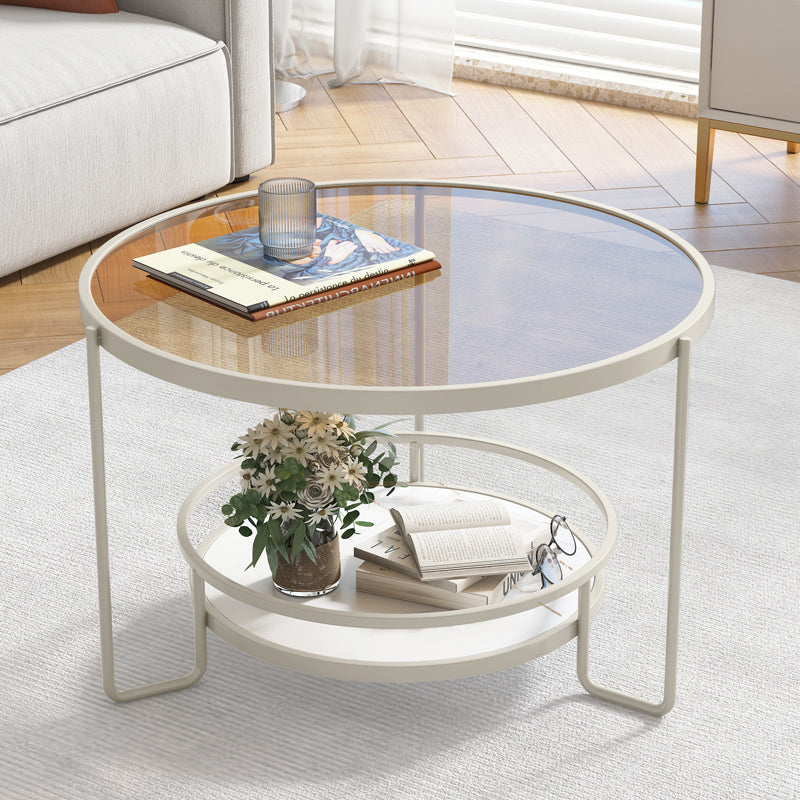 17.7" H Round Glass Coffee Table Iron 3 Legs Cocktail Table with Slate Shelf