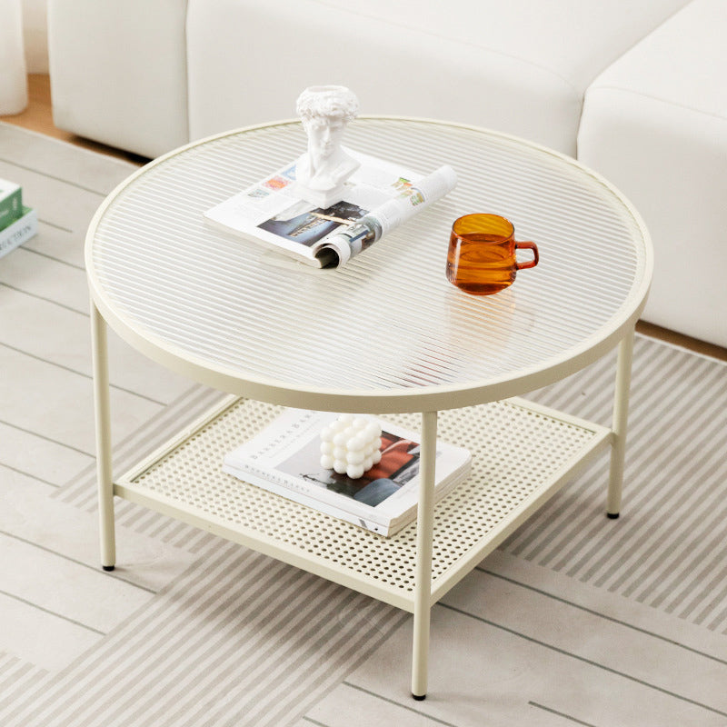 Modern 17.7"H Round Glass Cocktail Table Iron 4 Legs Coffee Table with Shelf