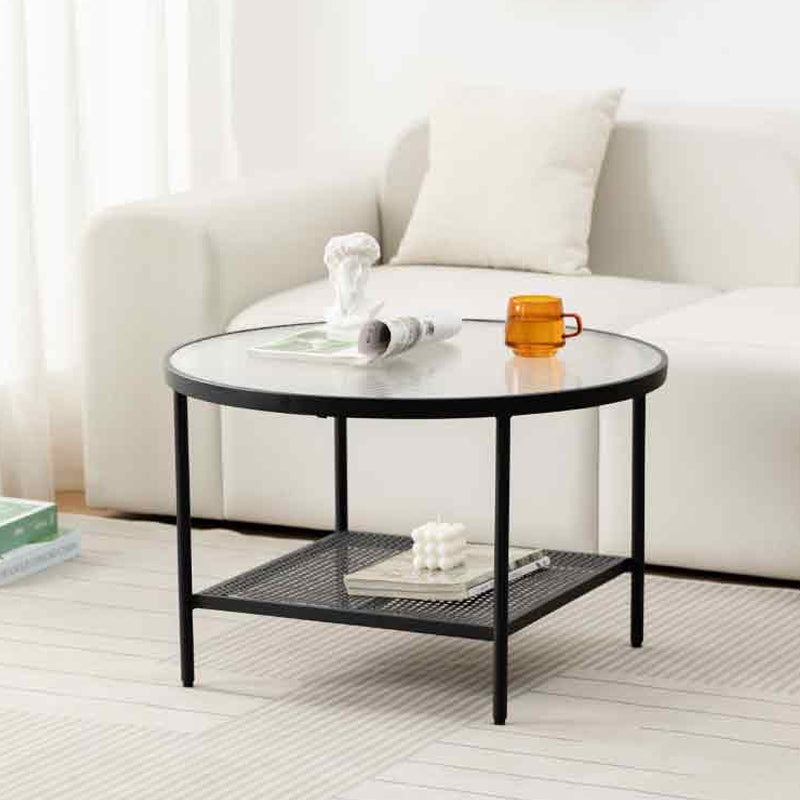 Modern 17.7"H Round Glass Cocktail Table Iron 4 Legs Coffee Table with Shelf