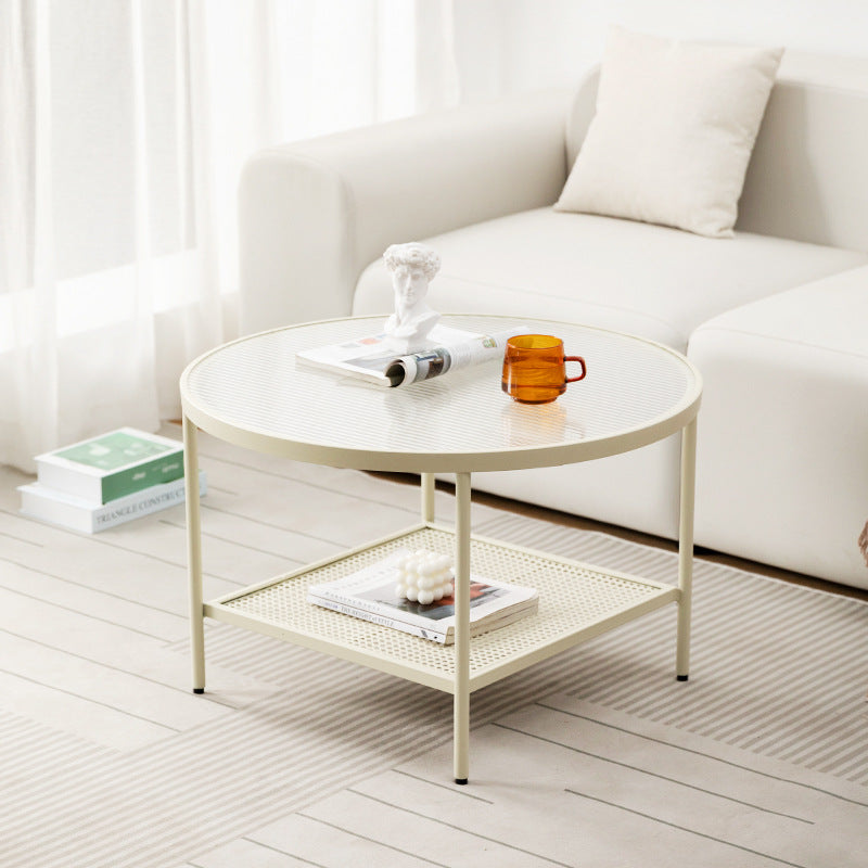 Modern 17.7"H Round Glass Cocktail Table Iron 4 Legs Coffee Table with Shelf