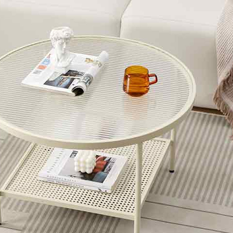 Modern 17.7"H Round Glass Cocktail Table Iron 4 Legs Coffee Table with Shelf