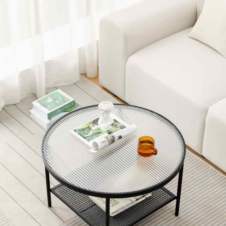 Modern 17.7"H Round Glass Cocktail Table Iron 4 Legs Coffee Table with Shelf