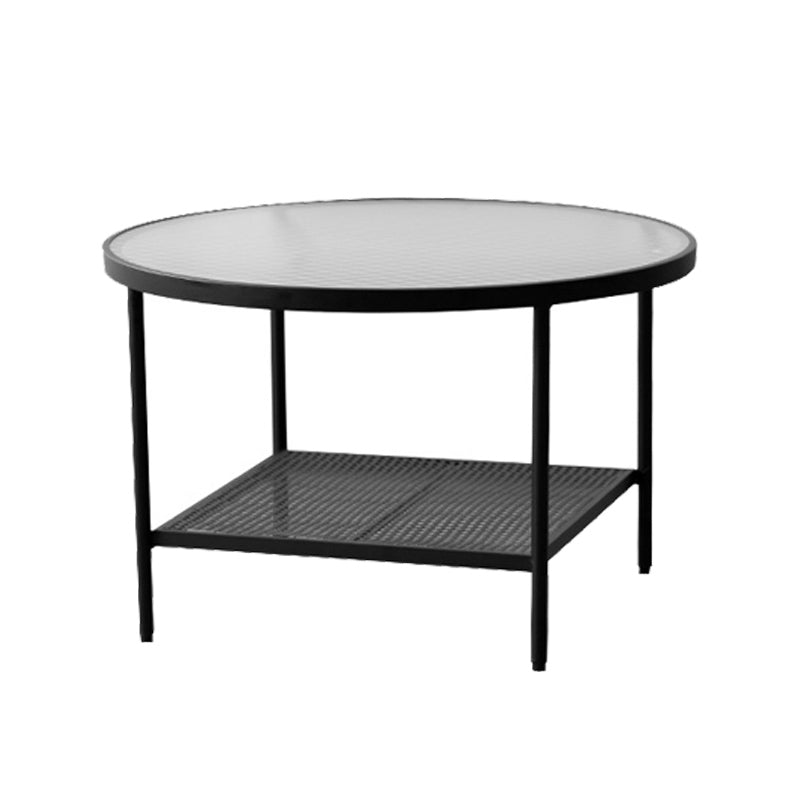 Modern 17.7"H Round Glass Cocktail Table Iron 4 Legs Coffee Table with Shelf