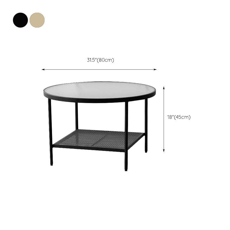 Modern 17.7"H Round Glass Cocktail Table Iron 4 Legs Coffee Table with Shelf