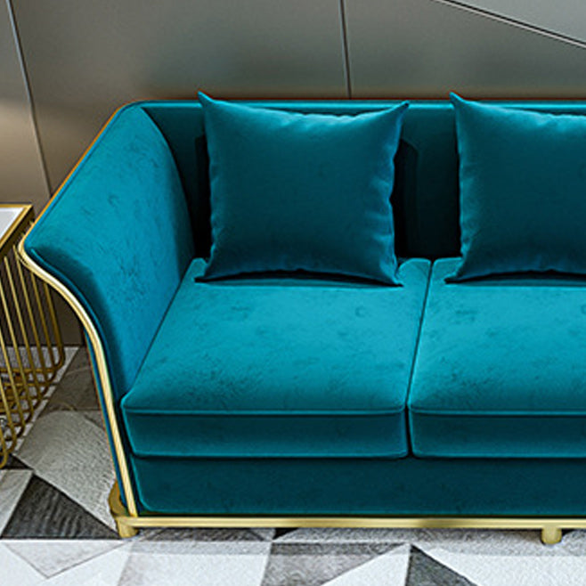 27.5" H Contemporary Blue Velvet Tuxedo Arm Sofa with Pillows