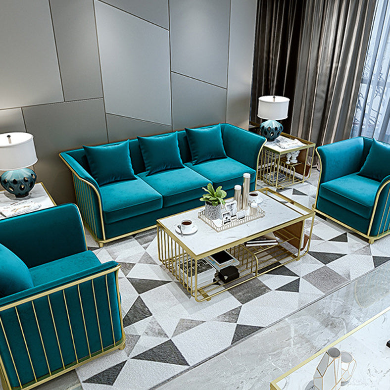 27.5" H Contemporary Blue Velvet Tuxedo Arm Sofa with Pillows