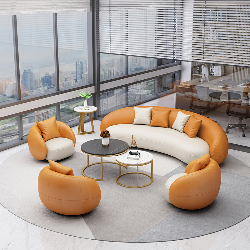 Contemporary Orange and White Curved Sofa in Leather with Sloped Arms