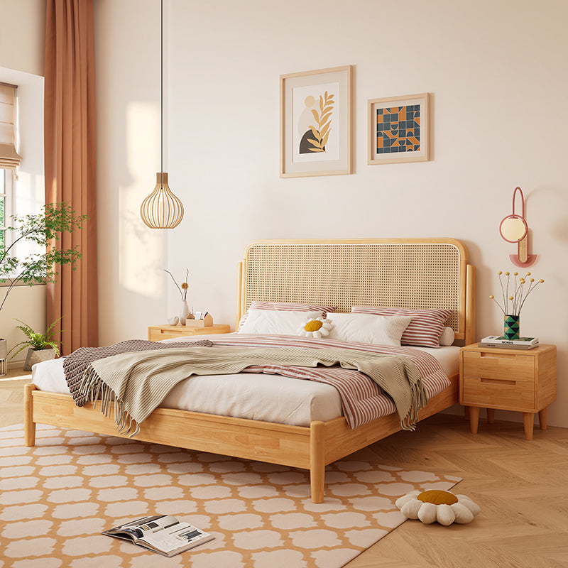 Rattan and Rubberwood Panel Bed Natural Tropical Standard Bed Rectangular