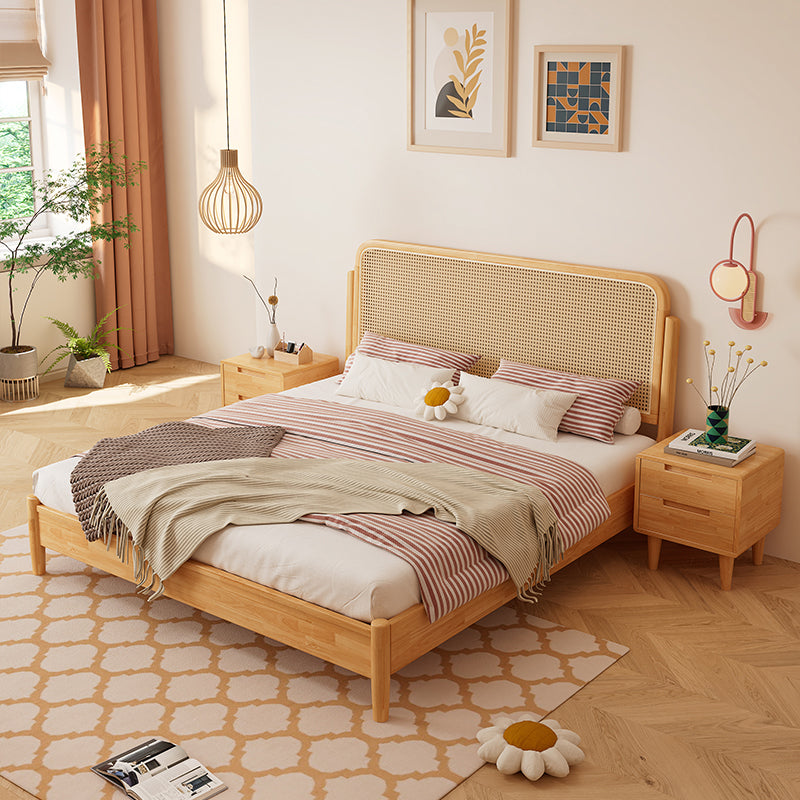 Rattan and Rubberwood Panel Bed Natural Tropical Standard Bed Rectangular