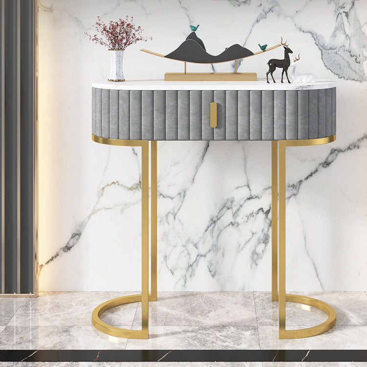 Glam Oval Console Accent Table Antique Finish Sofa Console Table in Marble