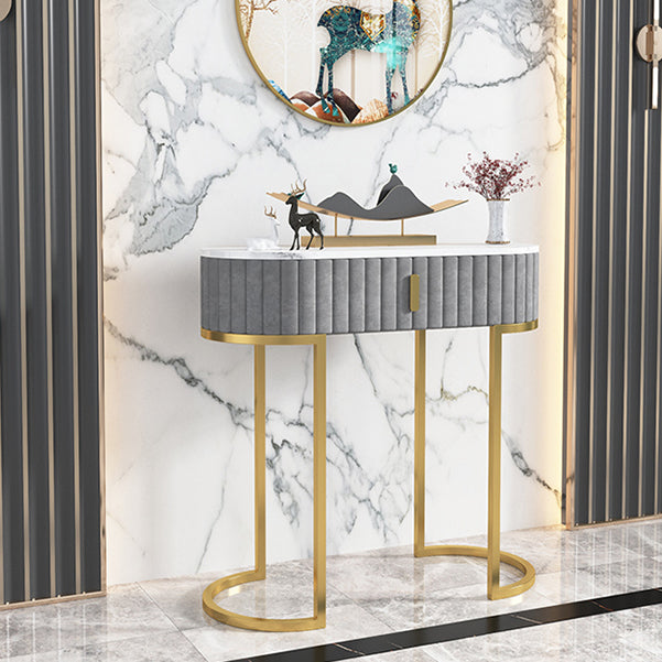 Glam Oval Console Accent Table Antique Finish Sofa Console Table in Marble