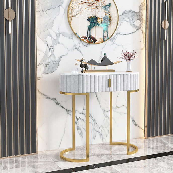 Glam Oval Console Accent Table Antique Finish Sofa Console Table in Marble