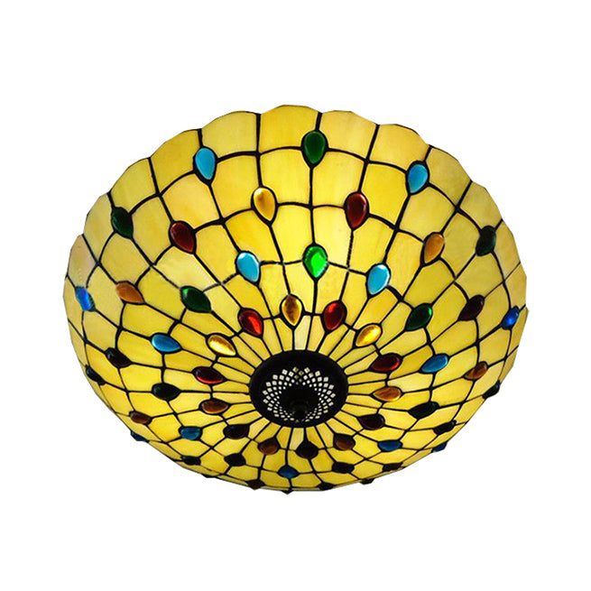 12/16/19.5-Inch Wide Bowl Ceiling Light Retro Style Stained Glass 1/2/3 Light Jewel Flushmount Ceiling Light in Beige/White/Yellow