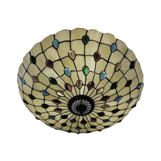 12/16/19.5-Inch Wide Bowl Ceiling Light Retro Style Stained Glass 1/2/3 Light Jewel Flushmount Ceiling Light in Beige/White/Yellow