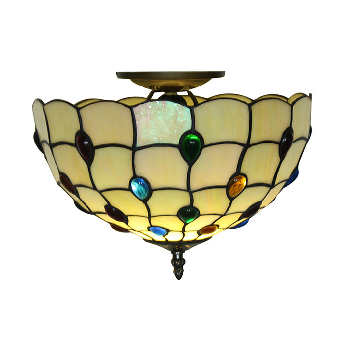 12/16/19.5-Inch Wide Bowl Ceiling Light Retro Style Stained Glass 1/2/3 Light Jewel Flushmount Ceiling Light in Beige/White/Yellow
