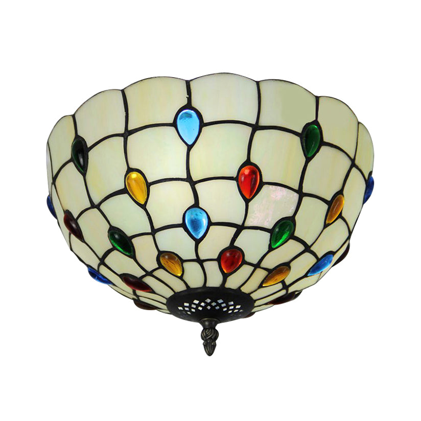 12/16/19.5-Inch Wide Bowl Ceiling Light Retro Style Stained Glass 1/2/3 Light Jewel Flushmount Ceiling Light in Beige/White/Yellow