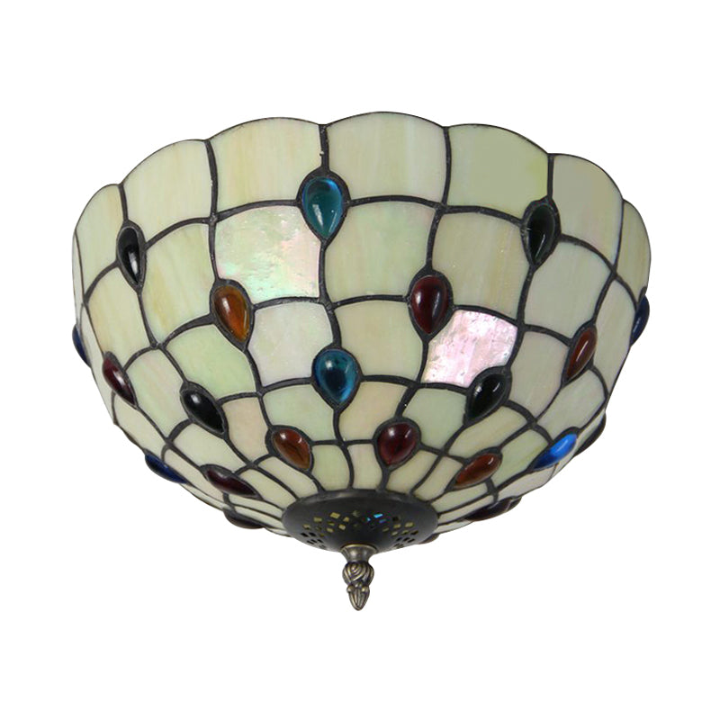12/16/19.5-Inch Wide Bowl Ceiling Light Retro Style Stained Glass 1/2/3 Light Jewel Flushmount Ceiling Light in Beige/White/Yellow