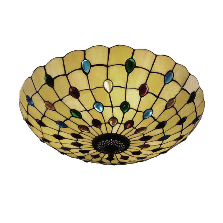 12/16/19.5-Inch Wide Bowl Ceiling Light Retro Style Stained Glass 1/2/3 Light Jewel Flushmount Ceiling Light in Beige/White/Yellow