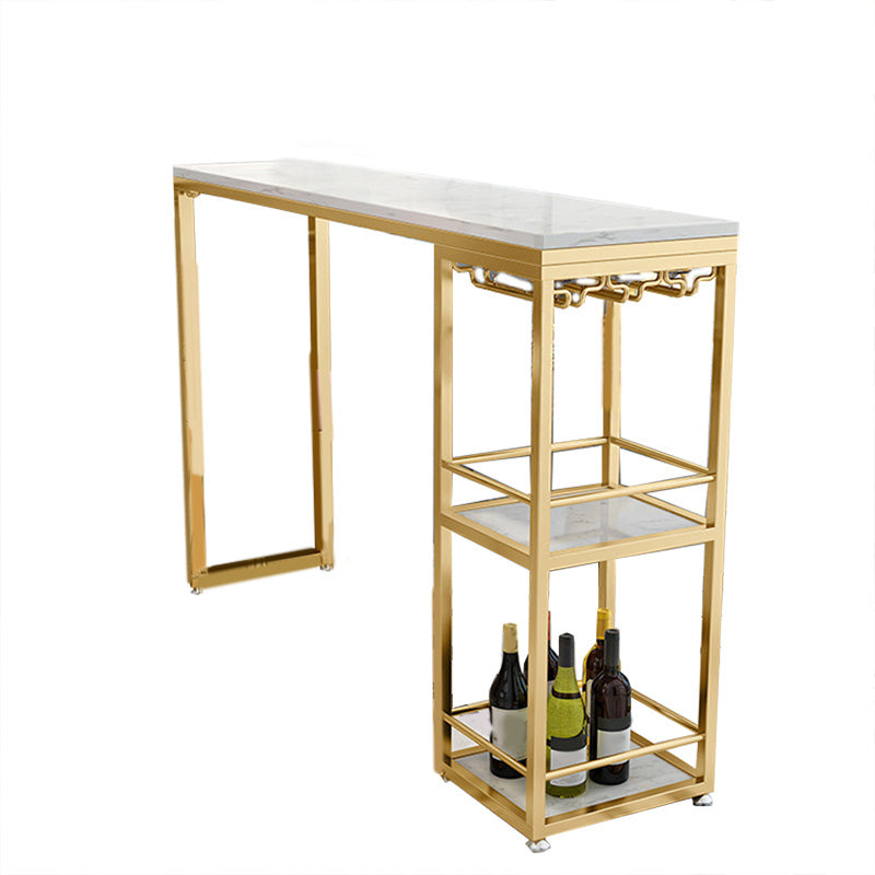 White Metal Pub Table with Faux Marble Top Modern Bar Table with 2 Shelves