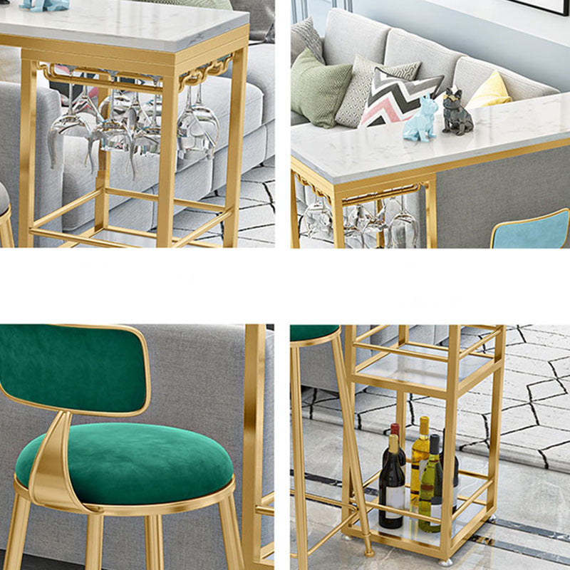 White Metal Pub Table with Faux Marble Top Modern Bar Table with 2 Shelves