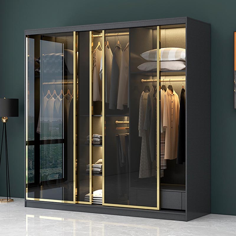 Modern Sliding Door Wardrobe for Bedroom Black Cabinet with Glass Doors