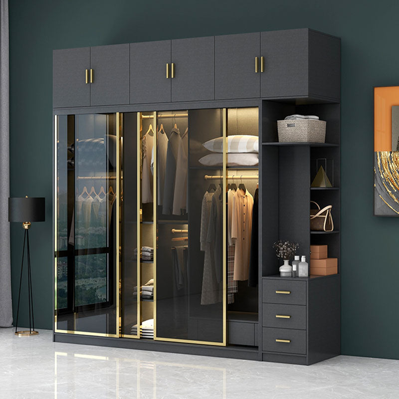 Modern Sliding Door Wardrobe for Bedroom Black Cabinet with Glass Doors