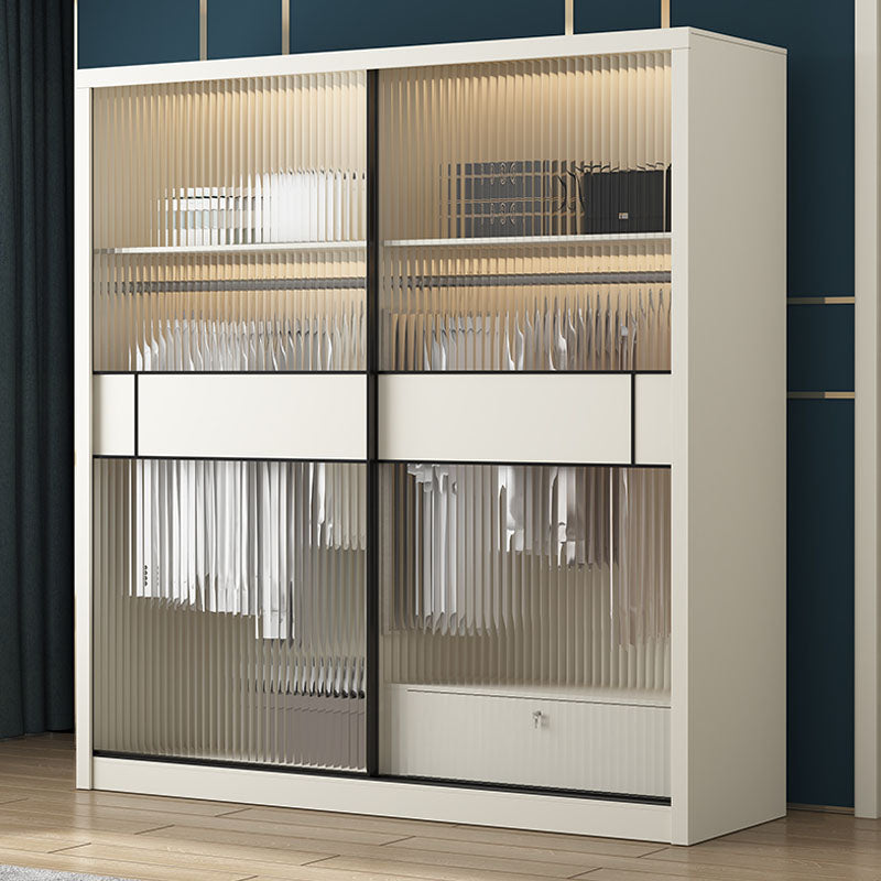 Modern White Wardrobe with Glass Doors Bedroom Cabinet with Sliding Doors