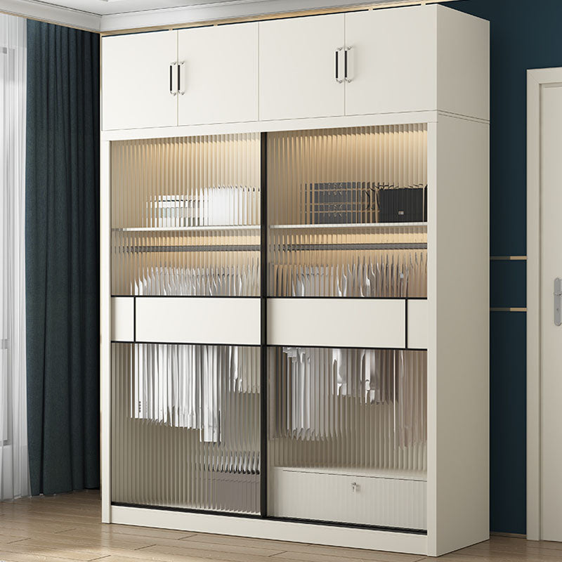 Modern White Wardrobe with Glass Doors Bedroom Cabinet with Sliding Doors