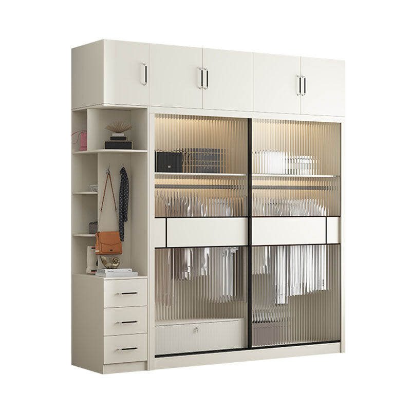 Modern White Wardrobe with Glass Doors Bedroom Cabinet with Sliding Doors